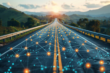 Logistic road with hologram data online network background.