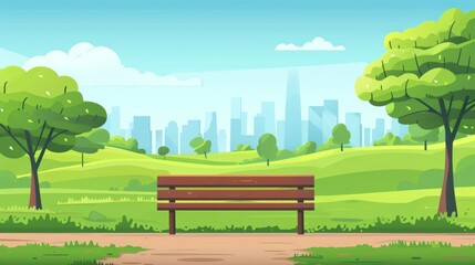 Wall Mural - This is a modern illustration of a colorful summer suburban landscape, with a road, a wooden bench, and an urban skyline as background. This is a cartoon illustration of a green nature scene, with