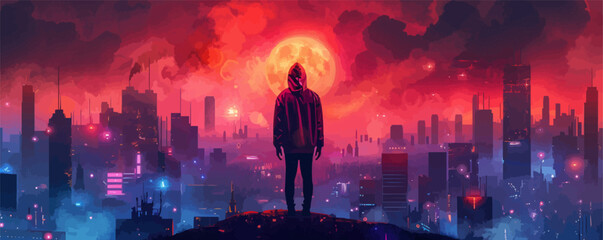 Wall Mural - A person in a hoodie standing on a hilltop and looking down at a futuristic cyberpunk neon city. vector simple illustration