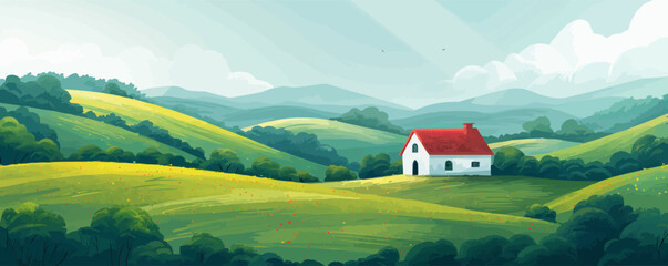 Wall Mural - A picturesque countryside scene with rolling green hills and a quaint farmhouse nestled among the fields. Vector flat minimalistic isolated illustration.