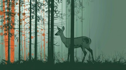 Sticker -   Deer in forest with tall tree background