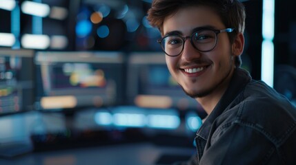 An elegant and handsome software developer, wearing glasses, works on a computer and smiles at the camera. The background shows unfocused personal computers with screens.
