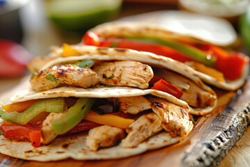 Wall Mural - Grilled Chicken Fajitas with Bell Peppers and Onions in Flour Tortillas