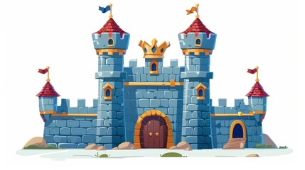 Poster - This fantasy fairytale fortress has stone walls, wooden gates, an archway, and towers isolated on a white background, featuring a princess palace with a gold crown.