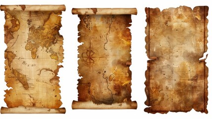 Wall Mural - Modern old scroll papyrus parchment paper map background set. Isolated realistic ancient letter. 3D antique manuscript or bible page. Aged medieval document with grunge texture.