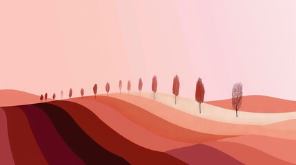 Wall Mural -   A painting of a row of trees on a hill with a pink sky in the background and a pink sky in the foreground