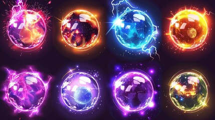 Wall Mural - Set of magic game balls isolated on transparent backgrounds. Modern realistic illustration of neon energy balls with explosions, sparkling textures, fire sparkles, lightning bolts, and round objects