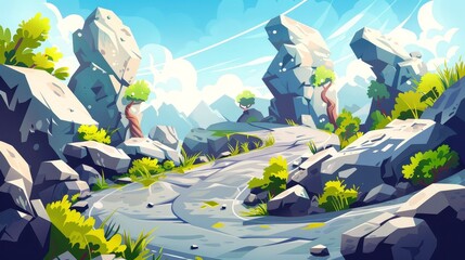 Wall Mural - An illustration of a mountain road winding through the woods. A cartoon illustration illustrating huge rock stones and green plants along a steep highway with sharp turns, a sunny blue sky, and a
