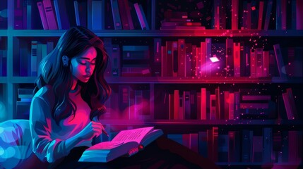 Wall Mural - Book open in a magic school library with a mystical fairytale legend and enchanted woman reading literature in the dark. Fantasy interior with bookcase and a wizard character reading and studying.