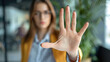 © 沈军 贡 - Stop, hand sign and woman with no gesture for sexual harassment and violence in workplace. Business professional