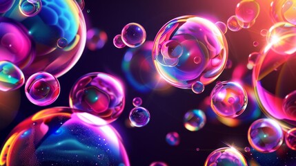 Wall Mural - Illustration of realistic transparent exploding air spheres of rainbow colors isolated on black background, bursting soap bubbles process stage modern illustration