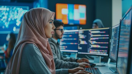 Wall Mural - Arab young professionals working in a technological research and development agency. Computer screens with software code and technical neural network diagrams in a Muslim office.
