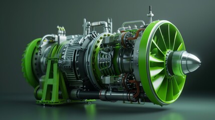 Wall Mural - Mockup of 3D design for industrial sustainable green energy turbine engine in CAD software. Highly efficient motor prototype. VFX Template for PC Displays and Laptops. 3D rendering.