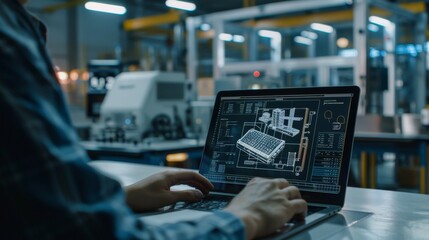 Wall Mural - In the background, modern factory equipment is visible. A close-up of an engineer holding a laptop, displaying a CAD component model on the screen.