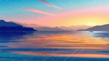 Wall Mural -   A stunning sunset paints a serene lake, boat bobbing, as majestic mountain ranges loom behind