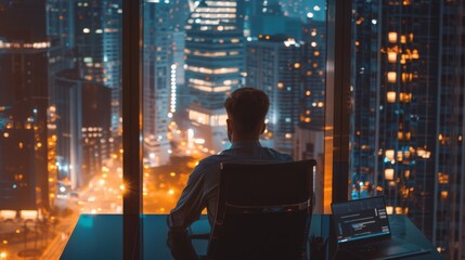 Wall Mural - In the window, a big city business district view of a successful businessman using his laptop.