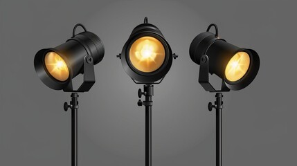 Wall Mural - A modern graphic representing a set of glowing floodlights on a gray background for illuminating a show, concert, or podium. There are black spot lights on a stand and hanging on the gray background.