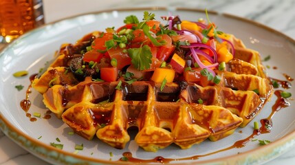 Wall Mural - Crisp edges of a savory vegetable potato waffle, adorned with vibrant, colorful toppings.
