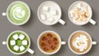 © Mark - Modern realistic set of espresso, green matcha latte and chocolate with milk in white mugs.