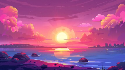 A sunset in the ocean, pink clouds in the sky, with shining sun over the sea with rocks sticking out of the water on the opposite shore, a nature landscape background, an evening view. Cartoon modern