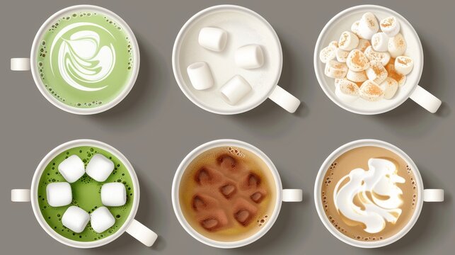 Modern realistic set of espresso, green matcha latte and chocolate with milk in white mugs.
