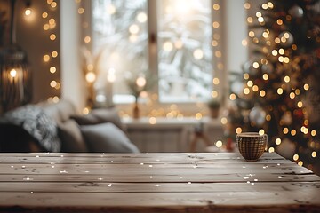 Wall Mural - Empty woooden table top with abstract warm living room decor with christmas tree string light blur background with snow,Holiday backdrop,Mock up banner for display of advertise product