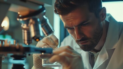 Poster - The picture shows a Caucasian male scientist looking under a microscope and moving a small petri dish sample. Researchers working in an advanced scientific lab doing medical research and