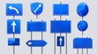 © Mark - Modern realistic set of blue road signs with arrows on a metal frame for directions, location, or notice on a highway, city street, or car road.