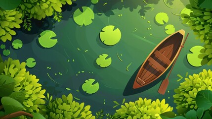 Wall Mural - Modern cartoon landscape of green lake or river surface with water plants and an empty wooden rowboat with one oar.