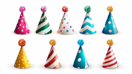 Wall Mural - Birthday colorful birthday hats with stripes and polka dots pattern, carton cones for bday or anniversary celebration isolated on white background, 3D modern illustration, icons set,