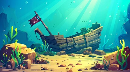 Wall Mural - Cartoon modern illustration of sunken filibuster vessel and wooden boat with jolly roger flag on ocean sandy bottom with sun beams falling from above.