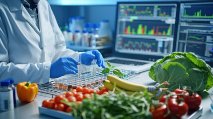 Researchers inspecting vegetables and fruits in office.