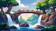 © Mark - An illustration of a mountain landscape in fog with a log bridge over a river with a waterfall. A precipice between cliffs in the jungle with a stream of water, green trees, a rocky precipice, and
