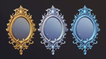 Wall Mural - Animated fairytale mirrors with golden and silver frames. Isolated on black background. Modern cartoon set of fairytale mirrors in golden and silver frames.