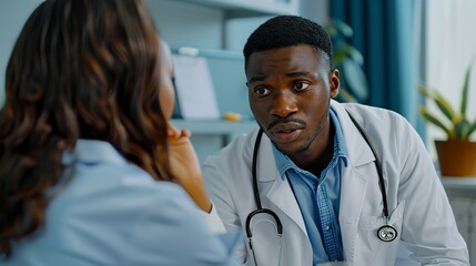 Wall Mural - An African doctor in a white coat converses with a Multiethnic Asian patient during a consultation in a health clinic.