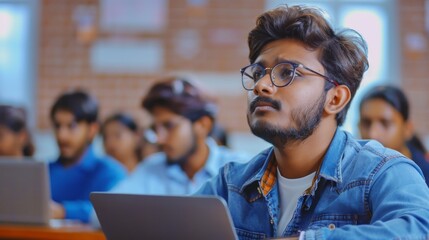 Canvas Print - During class, young Indian students write down lectures on laptop computers as a tutor speaks. Adults receiving specialty knowledge through a part-time course in a modern college.