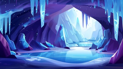 Wall Mural - An ice-cavern in a mountainous landscape on a frozen forest pond, lake or river. A winter landscape, a fantasy game background.