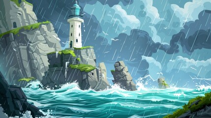 Wall Mural - Ocean shore landscape modern cartoon illustration with beacon building on cliff, rain and waves. Seascape with nautical navigation tower at rainy weather.