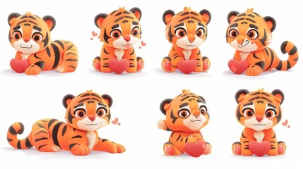 Wall Mural - The plush tigers are a cute little character with a kawaii muzzle sleeping on the back, holding a heart, lying, sitting, and sitting on the table. Cartoon wild kitten with orange striped skin, modern