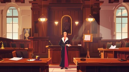 Modern illustration of female lawyer in black robe and court room interior featuring wooden furniture, hammer and documents.