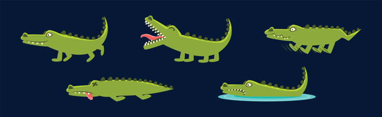 Wall Mural - Cute Green Crocodile Animal Engaged in Different Activity Vector Set