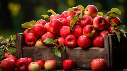 Wall Mural - Freshly picked apples in a wooden crate, farm background, vibrant colors, copy space,