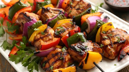 Wall Mural - Close-up of smoky grilled chicken kebabs intertwined with vibrant, freshly chopped vegetables. 