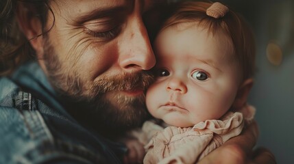 Wall Mural - A father greets his newborn baby with a hug and kiss. Authentic lifestyle touching tender moment.