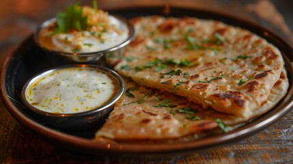 Wall Mural - A tempting plate showcases aloo paratha, stuffed with flavorful potatoes, accompanied by butter or curd. 