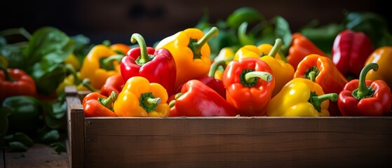 Wall Mural - Freshly harvested bell peppers in a wooden crate, farm setting, vibrant colors, copy space,