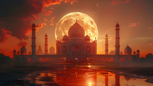 A large mosque with a moon behind it