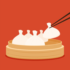 dim sum food sets. steamed dumplings banner template isolated on red. asian traditional cuisine. vec