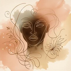Wall Mural - A art illustration of a woman face with flowers face in bronze and gold colors. 