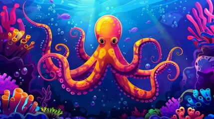 Sticker - Underwater wildlife character with colorful skin, creepy monster character with tentacles. Modern illustration of a cartoon banner with giant ocean octopuses.